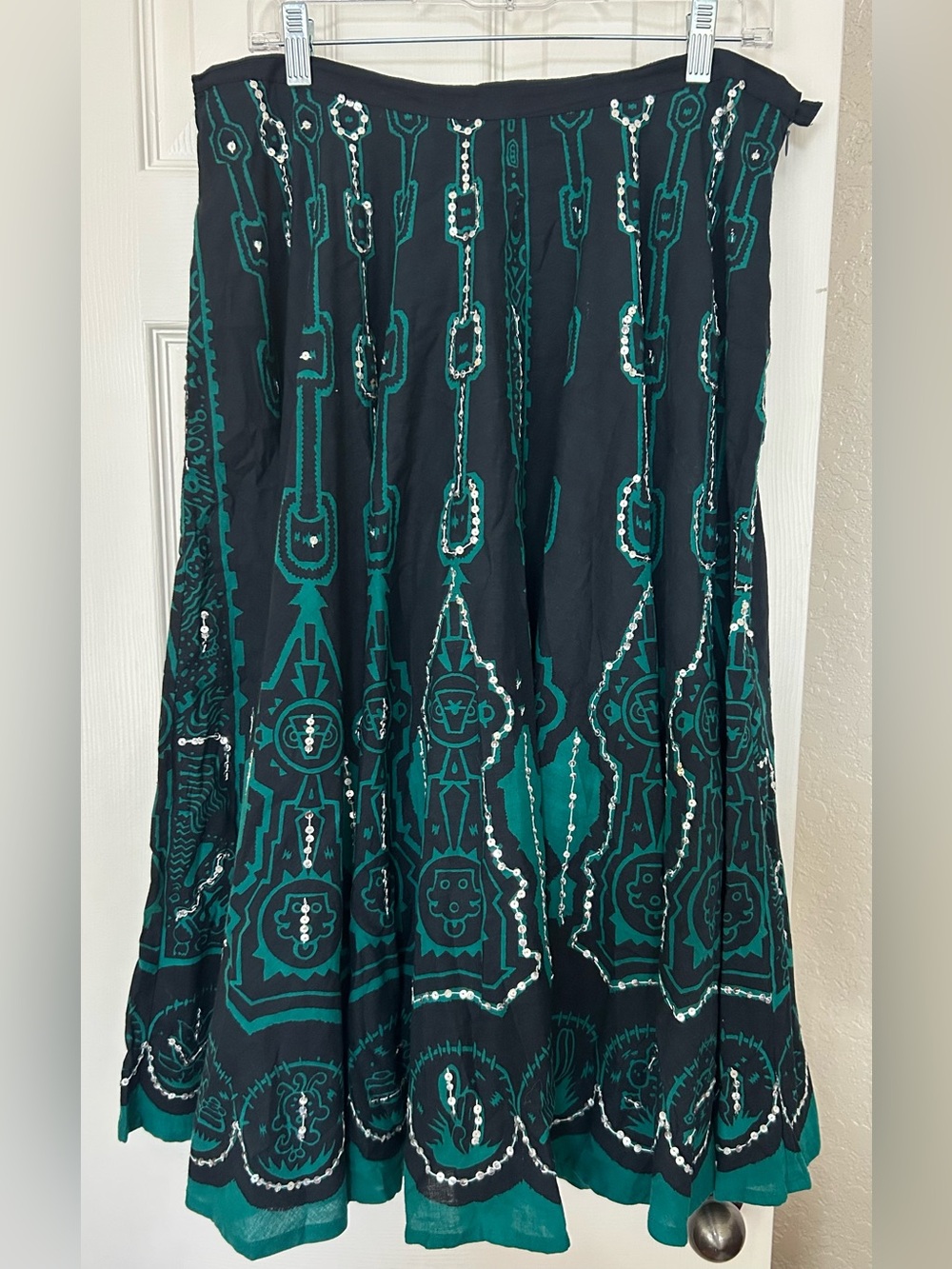 Passport Black Skirt with Teal Geometric Print